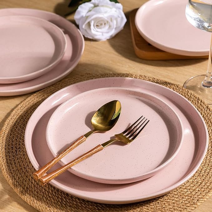 GBHOME 24-Piece Ceramic Dinnerware Set for 6, Handpainted Plates, Pasta Bowls & Bowls Set with Rustic Terracotta Underside, Scratch-Resistant, Dishwasher & Microwave Safe,Speckled Glaze Pink