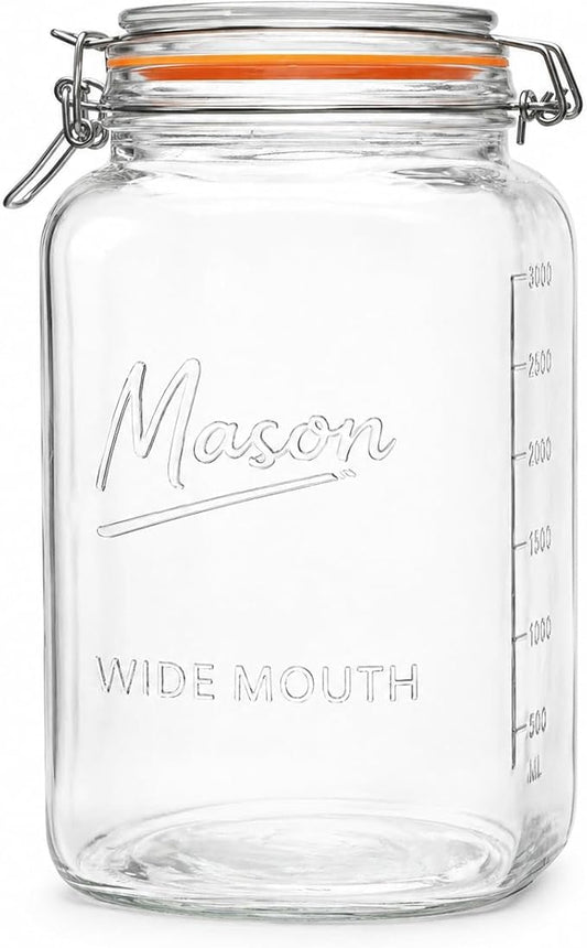 1 Gallon Glass Jar with Swing Top Lid - Extra Large Mason Jar Wide Mouth with Airtight Glass Clamp Lid - Square Glass Storage Container with Measurements for Flour, Sugar, Cookies & Pickling