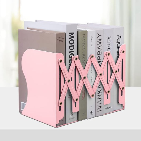 Honagu Adjustable Bookends, Metal Book Ends for Shelves Heavy Book, Desk Magazine File Organizer for Home, Office, Books, Papers, Extends up to 19 inches, for Students,Teachers (Pink)