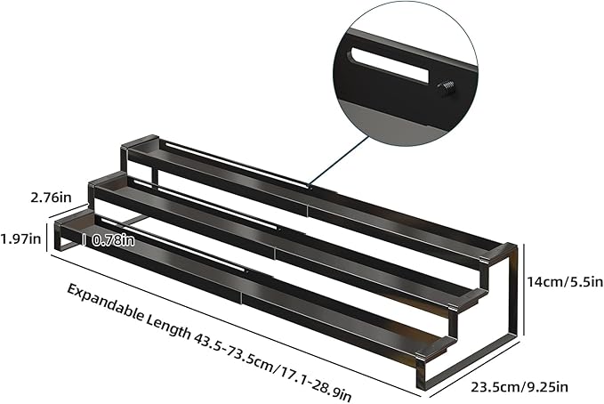 3 Tier Expandable Spice Rack Organizer, Heavy-Duty Black Metal Seasoning Organization Shelf for Cabinet, Kitchen & Pantry, Tiered Spice Shelf With Safety Lock, For Jars & Bottles, Countertop Storage