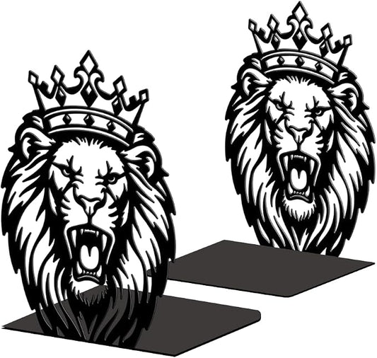 Peacoblue Metal Bookends for Shelves, Modern Decorative Heavy Duty Study Book Ends Stoppers for Office Desk Shelf, Room 5.3"x4.3"x7.1" Cast Iron Tall Bookends 1 Pair (Lion with Crown)