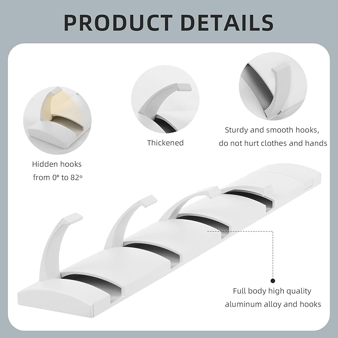2 Pack Foldable Stylish Modern Hook Rack with 5 Hooks, Coat Hooks Wall Mount, Metal Coat Hook Rail for Coat Hat Towel Purse Robes Mudroom Bathroom Entryway (White)