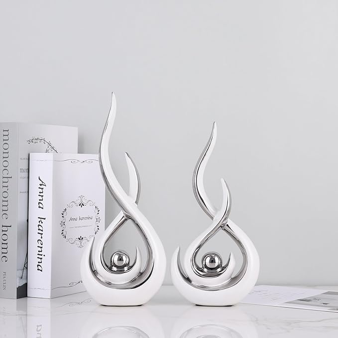 2PCS Abstract Art Ceramic Sculptures, Modern Decor Figurines for Living Room Decorative Objects, Sculptures Home Decor Set for Table, TV Stand, Entryway, Bookshelf Display (White Silver)