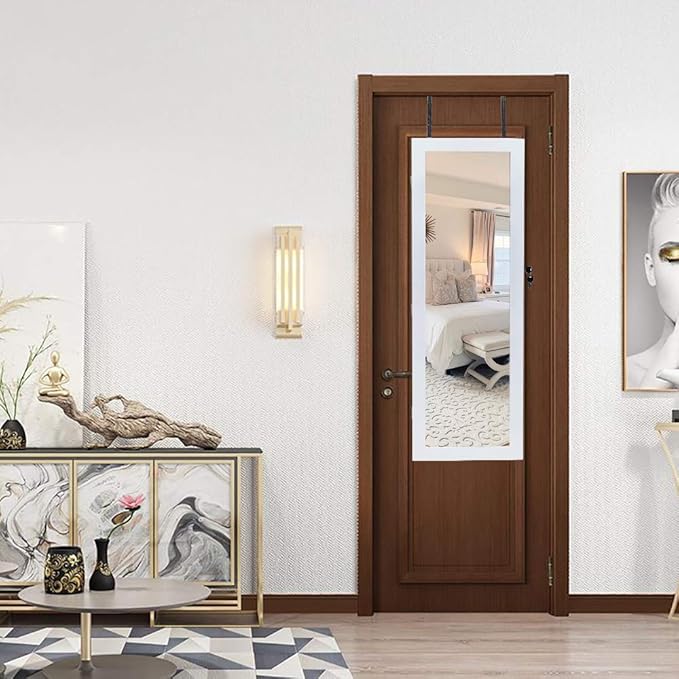 Jewelry Armoire Organizer,Non Full Mirror Wooden Wall Mounted 4-Layer Shelf Larger Capacity Jewelry Storage Mirror Cabinet,White (with 2 Drawers 8 Blue LED Lights)