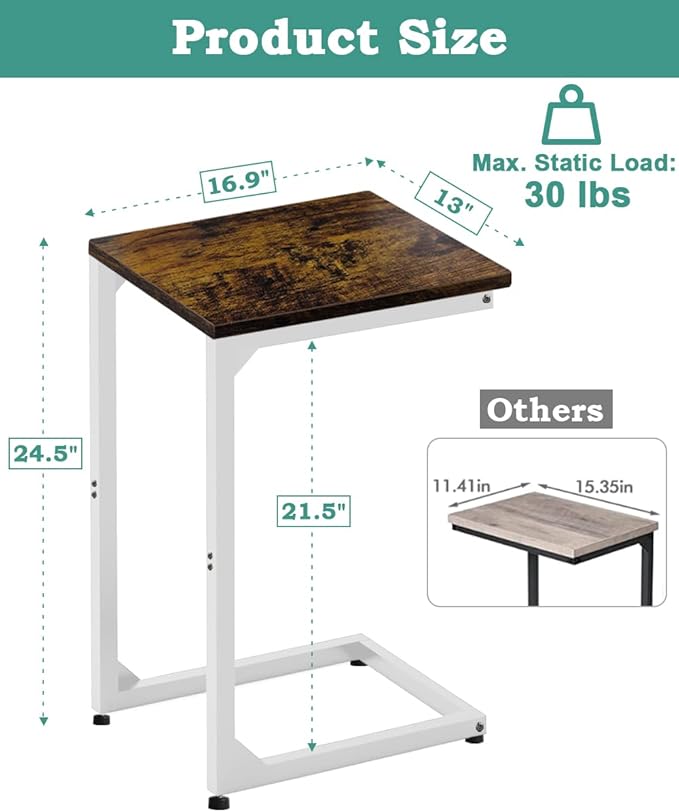 Artigarden C Shaped End Table, Side Tables Couch TV Tray Table, Small Snack Table Sofa Table with Metal Frame for Living Room, Bedroom, Bedside for Small Spaces, Rustic Brown White