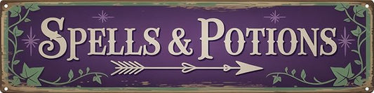 Spells and Potions Metal Sign 4x16in Whimsical Plaque for Witchy Room Wall Decor