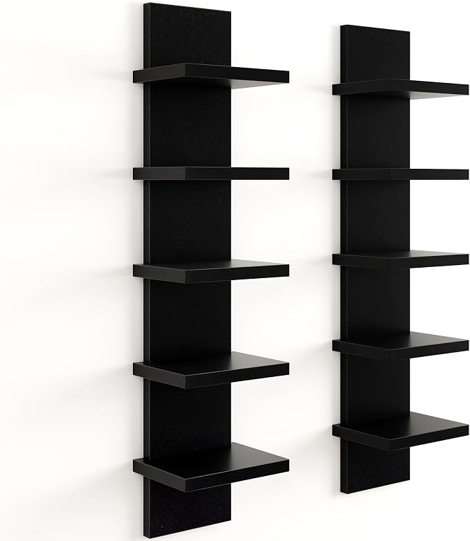 Fun Memories 5 Tier Wall Shelf Unit, Black Floating Shelves for Storage - Vertical Column Tower Design, Lack Wall Shelf Space Saving Organizer for Bedroom, Living Room, Home Decor， 2Pack