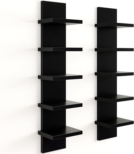 Fun Memories 5 Tier Wall Shelf Unit, Black Floating Shelves for Storage - Vertical Column Tower Design, Lack Wall Shelf Space Saving Organizer for Bedroom, Living Room, Home Decor， 2Pack