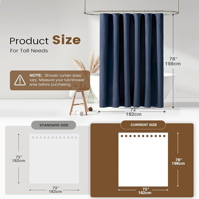 BTTN 3 in 1 Shower Curtain Set, 78 Inch Long Linen Textured Fabric Shower Curtain and Clear Liner Set with Hook, Modern Hotel Weighted Waterproof Fabric Shower Curtain for Bathroom, Navy Blue, 72x78