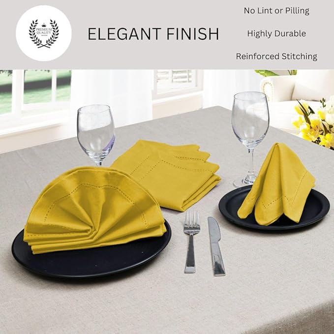 Hemstitch Cloth Dinner Napkins 100% Cotton Set of 12 - for Dining Special Occasions Weddings Parties Holidays Easter - Soft Durable Reusable - Elegant 18x18 Inch Table Cloth Napkins Yellow