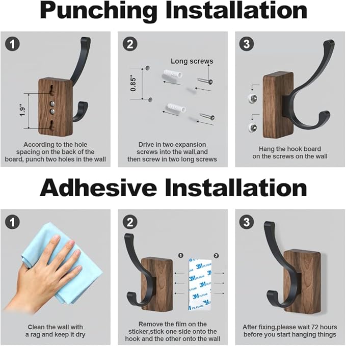 4 PCS Black Walnut Wood Wall Hooks Adhesive Mounted & Wall Mounted Rustic Decorative Entryway Hooks Mid Century Modern Natural Wooden Pegs for Hanging Coat Clothes Hat Bag Purse and Towel