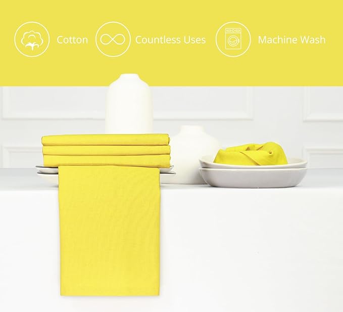 PurpleEssences Set of 12 Cloth Dinner Napkins 100% Cotton 18x18 Inch - Soft Durable Washable - Ideal for Farmhouse Party Spring Easter Summer - Perfect Everyday Use Table Linen - Yellow