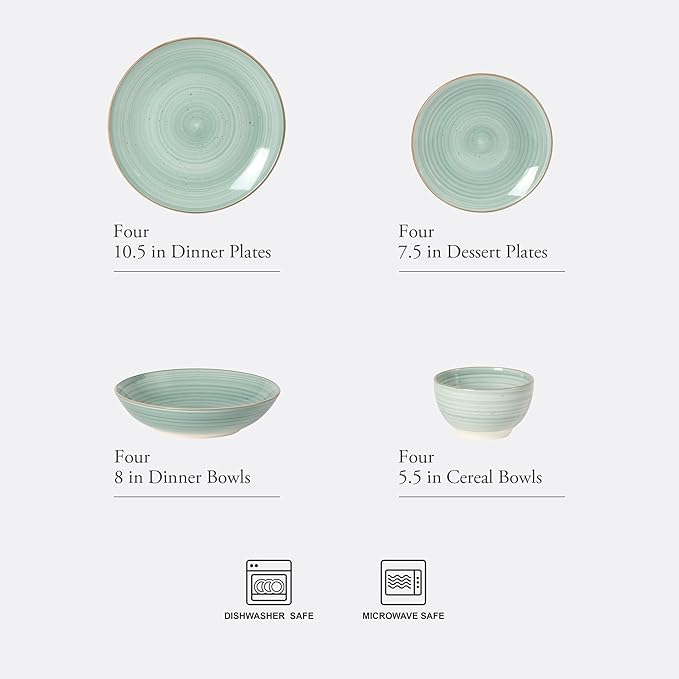 Gibson Home Stonebury 16 Piece Plates and Bowls Teal Dishes - Handpainted Stoneware Dinnerware Set - Service for 4