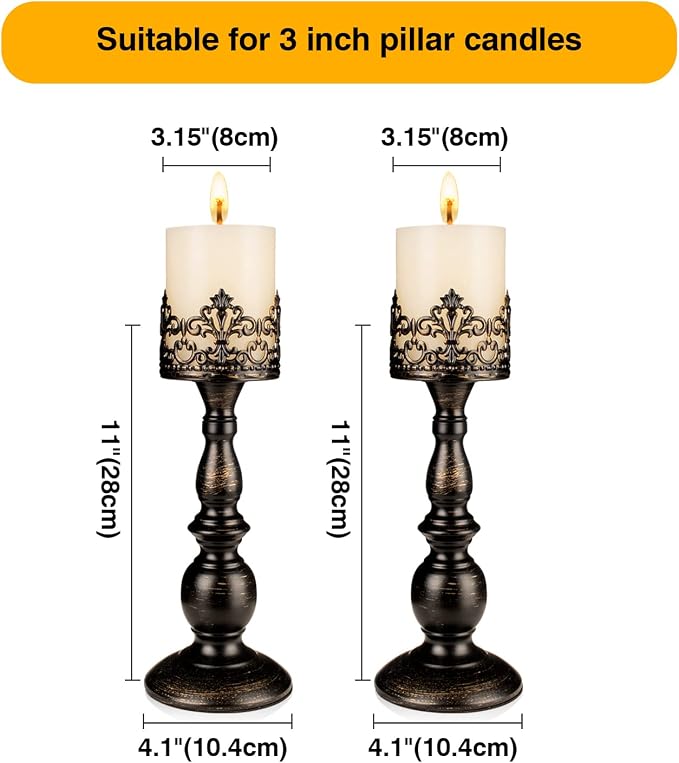 Candle Holders for Pillar Candles Gothic Distressed Black Vintage Tall Candle Holders Set of 2 Decorative Large Table Centerpieces Candle Stand Decor (Distressed Black 2PCS A)
