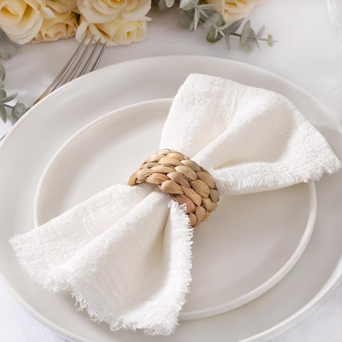 MLMC 6 Pack Ivory White Cloth Napkins with Fringe Boho Linen Napkins Washable Reusable Rustic Dinner Table Decor 17"×17" for Wedding Party Bridal Baby Shower Home Decor