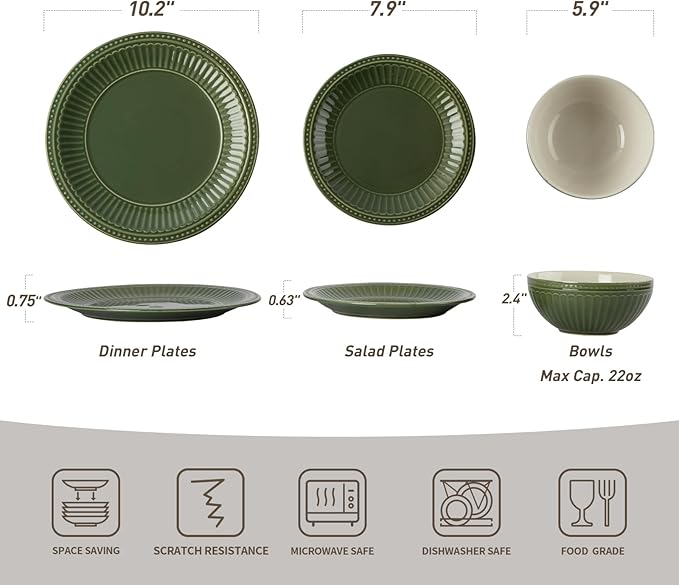 Famiware Garden 24-Piece Embossed Plates and Bowls Sets, Stoneware Reactive Glaze Dishes Dinnerware Set, Modern Rustic, Chip & Scratch Resistant, Microwave & Dishwasher Safe, Service for 8, Dark Green