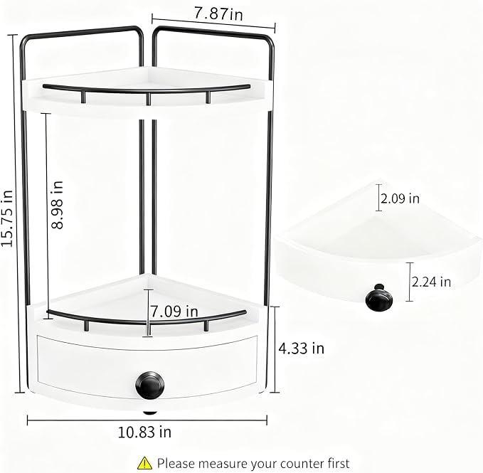 2-Tier Corner Bathroom Countertop Organizer with Drawer, Wooden Vanity Organizers for Makeup and Skincare Storage, Corner Counter Shelf with Embedded Screw Holes, White