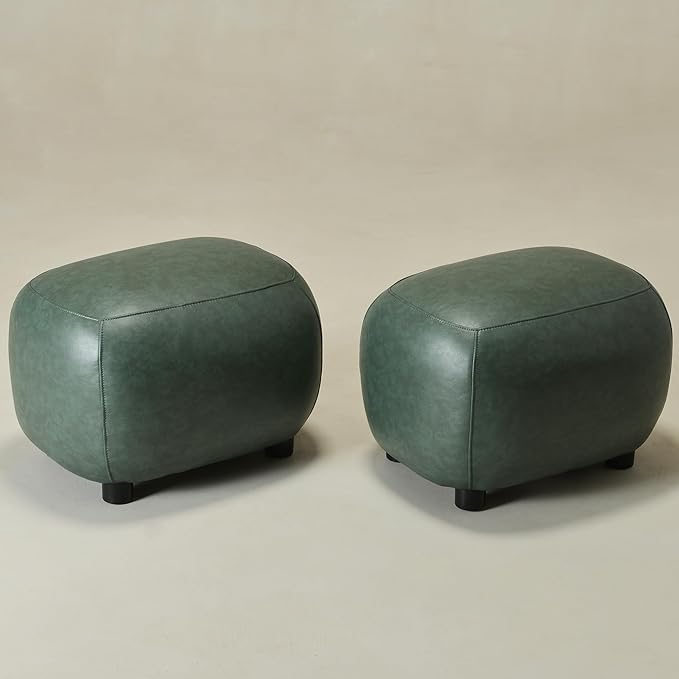 KINWELL 23" Wide Faux Leather Upholstered Ottoman Set of 2, Mid-Century Modern Living Room Footrest with Soft Padded Seat, Footstool for Bedroom, Entryway or Living Room, Green