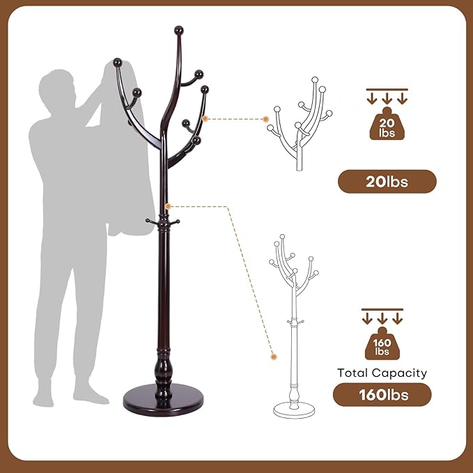 Freestanding Rubberwood Coat Rack, 11 Hooks & 16.5" Wide Round Base, Wooden Coat Rack Stand, Coat Hanger Free Standing Hall Tree for Entryway, Hallway, Bedroom, Jacket, Clothes (Wine Red)