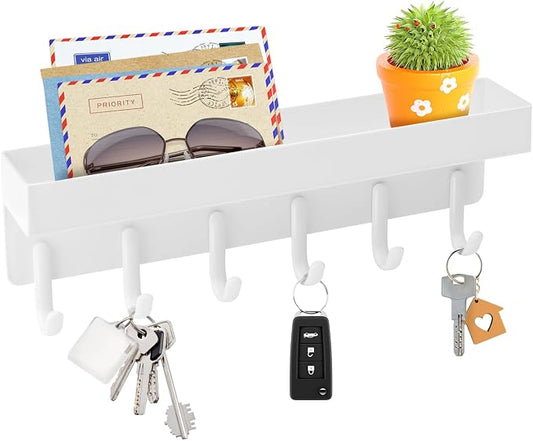 VIS'V Key Holder Wall Mount, Adhesive Key Rack with Tray, 6 Hooks, White | 2 Mount Options, Compact Discreet Design, Suitable for Entryway, Hallway, Doorway, Kitchen, Garage, Camper