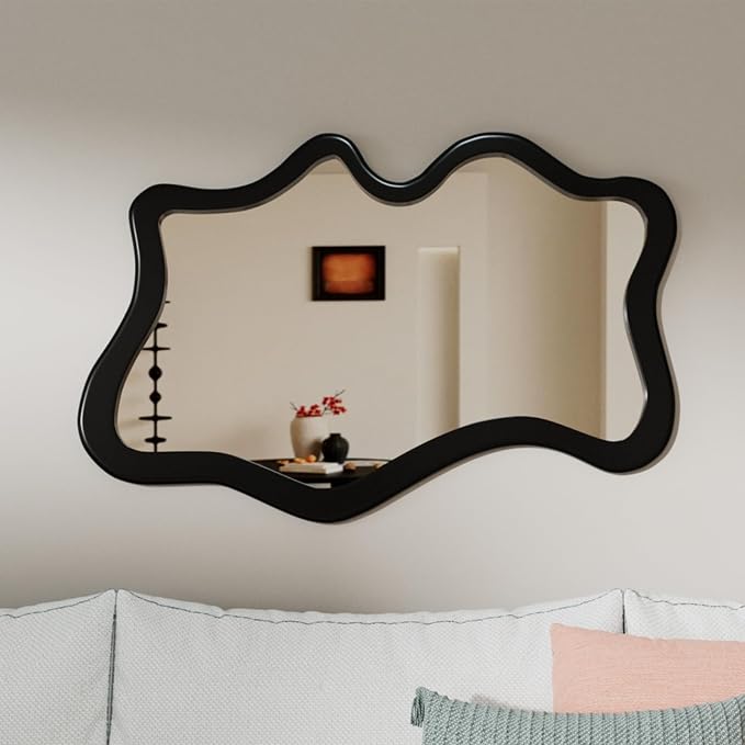 43"x 28" Irregular Wall Mirror, Black Wood Framed Wall Mirror, Asymmetrical Wall Wavy Mirror for Living Room Bedroom Entryway Bathroom Modern Decorative Mirror with Hanging Hooks