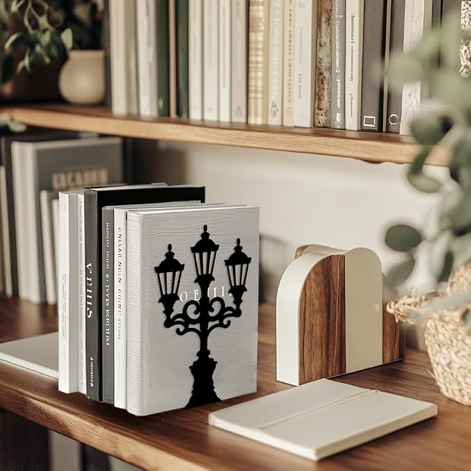 Peacoblue Metal Bookends for Shelves, Modern Decorative Heavy Duty Study Book Support Stoppers for Office, Desk, Shelf, Room 5.3"x4.3"x7.3" Cast Iron Simple Tall Bookends, 1 Pair (Street Lamp)
