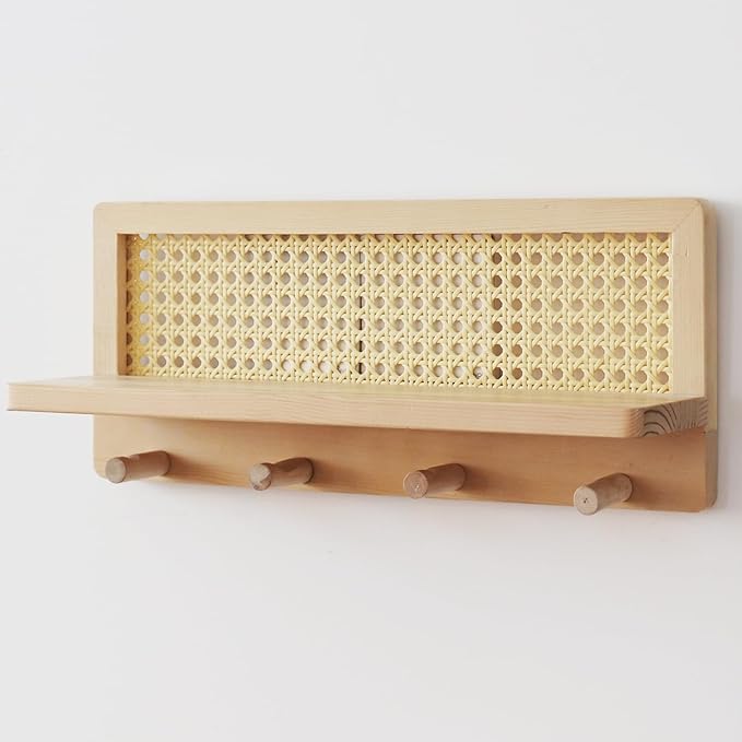 PE Rattan Coat Rack Shelf Wall Mounted with 4 Hooks, Decorative Coat Hook Rack with Floating Shelf for Entryway, Nursery, Mudroom, Hallway, Kitchen, Office (Burlywood)