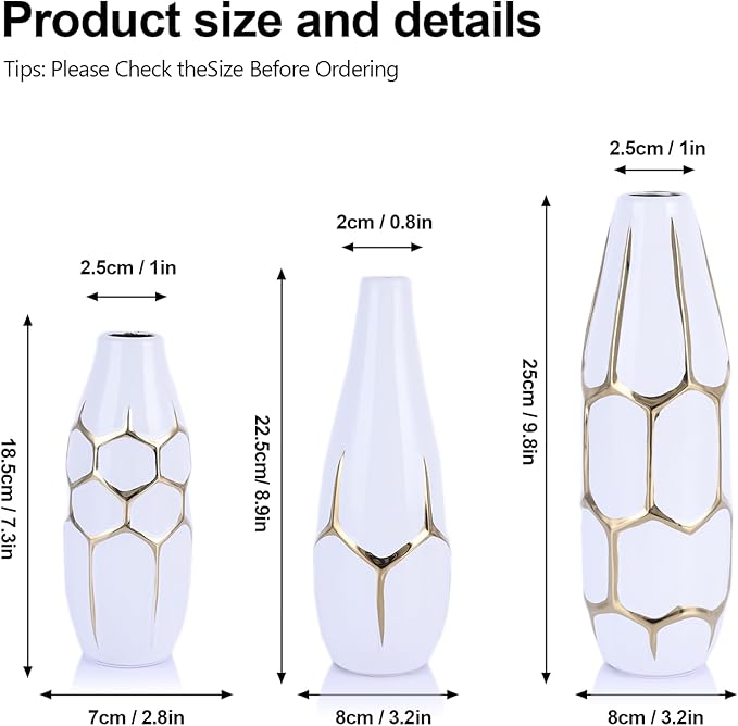 White and Gold Ceramic Vase Set of 3, Geometric Decorative Ellipse Vases for Living Room Shelf, Mantel, Table Centerpieces, Bathroom Countertop, Modern Rustic Farmhouse Home Decor (Gold)