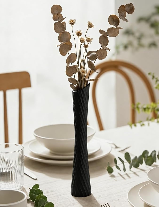 Tall Thin Vase, 16" Tall Ceramic Skinny Waist Vase, Handmade Flower Vases for Centerpiece Table Wedding Decorations Home Decor Party(Black)