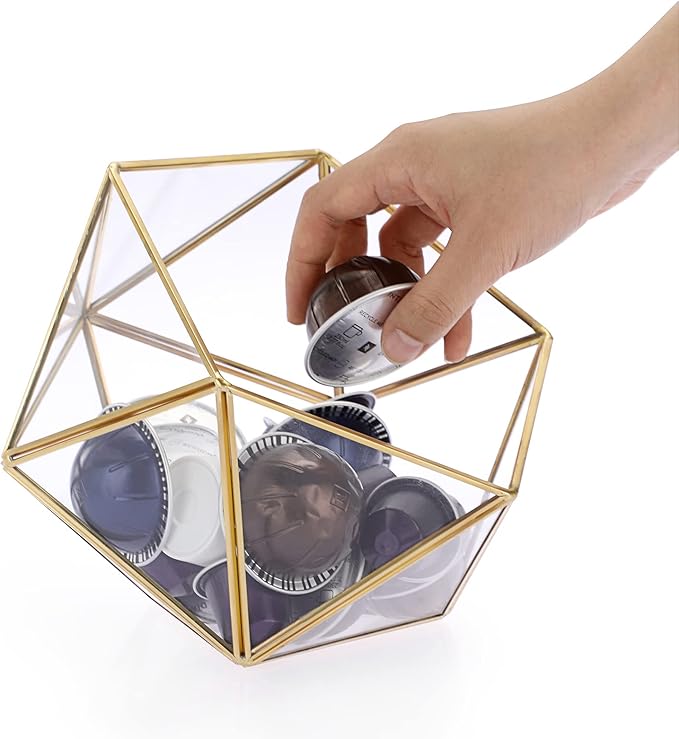 ELLDOO Gold Glass Coffee Pods Holder, 15 Sided Geometric Box Coffee Pod Organizer for K Cup Espresso, Tea Bags Sugar Packets Coffee Capsule Storage Holder for Kitchen Coffee Bar Office Desktop Counter