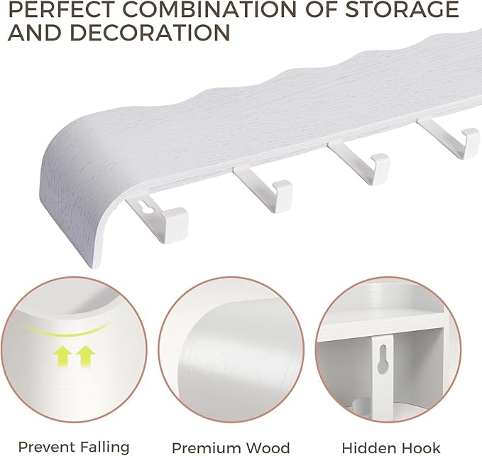 Coat Rack Wall Mount with Shelf Entryway Shelf Modern Key Holder Hanger Wall Shelves with Hidden Hooks for Hanging Towels Coats Hats Bags for Hallway Bathroom Bedroom (Wavy White, 4 Hooks)