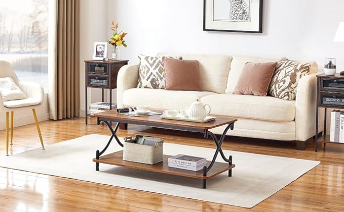 VECELO Coffee Table for Living Room with Round Corners Modern Farmhouse Center Table with Storage Shelf for Home Office 39 Inch, Easy Assembly, Retro Brown