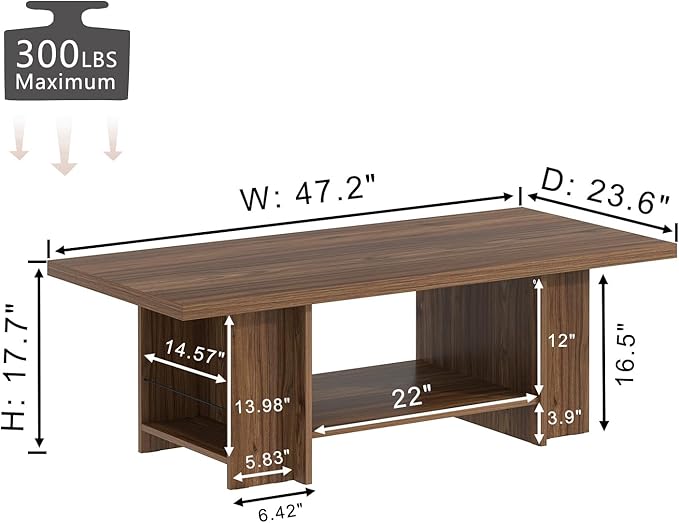 FOLUBAN Coffee Table, Modern Wood Living Room Table with Storage Bottom Shelf & Side Shelves, Rectangle Center Table Cocktail Tea Table for Home Office, Rustic Walnut, 47 Inch