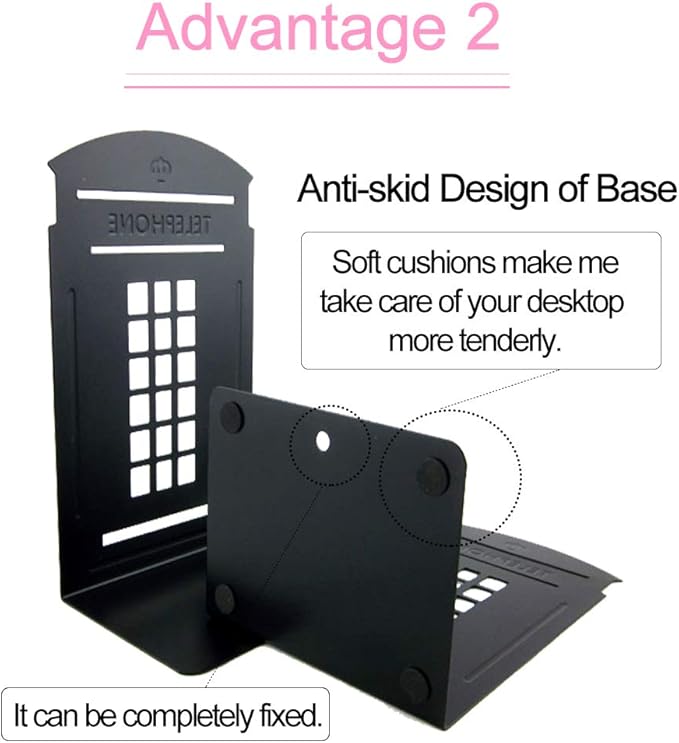 MerryNine 2 Pack Book Ends, Metal Bookends for Shelves, Telephone Booth Decorative Bookends, Non Skid Heavy Bookends, Book, Magazine or CD Organizers for Home and Office (Black-2pcs)