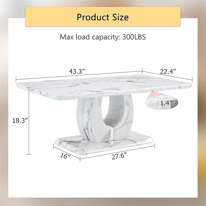 LKTART Rectangle Coffee Table for Living Room, Imitation Marble Coffee Tables with Storage, Modern Stable Base Center Tea Table for Dining Room Small Space Apartment (43.3''L×22.4''W-White)
