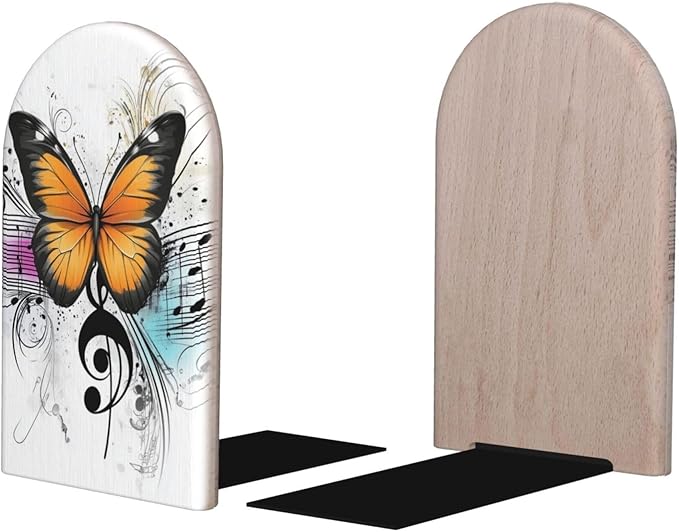 Yellow Butterfly Musical Note Vector Illustration Wood Book Ends for Shelves, Non-Skid Bookends for Office, Library, and Home Decor, 1 Pair