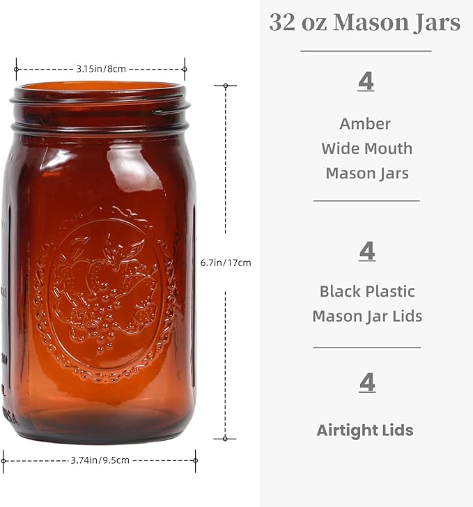 Yodecy 4 Pcs 32 oz Amber Wide Mouth Mason Jars With Airtight Lids and Black Plastic Lids, Canning Jars for Overnight Oats, Food Storage and More