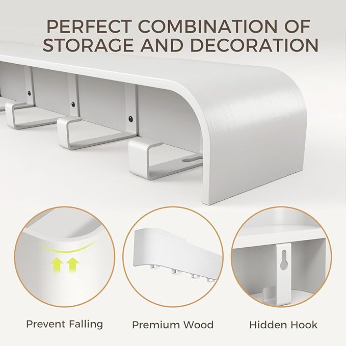 Coat Rack Wall Mount with Shelf Entryway Shelf Modern Key Holder Hanger Wall Shelves with Hidden Hooks for Hanging Towels Coats Hats Bags for Hallway Bathroom Bedroom(White, 8 Hooks)