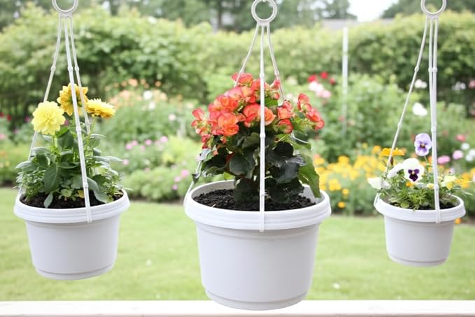 Plastic Flower Pot with Hanger, 7 inch, White Granite, 5 Pack, Plastic Flower Pot, seedlings, Nursery, Colorful Flower Planter, Seed Starting Pot with Hanger