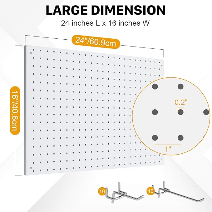 Peg Board, 2 Pack Metal Pegboard Panels White Pegboards Wall Organizer with Frame Large Heavy Duty Peg Board with Hooks for Walls Home, Garage Tool Storage, Office, Craft Room, Kitchen 24”×16”