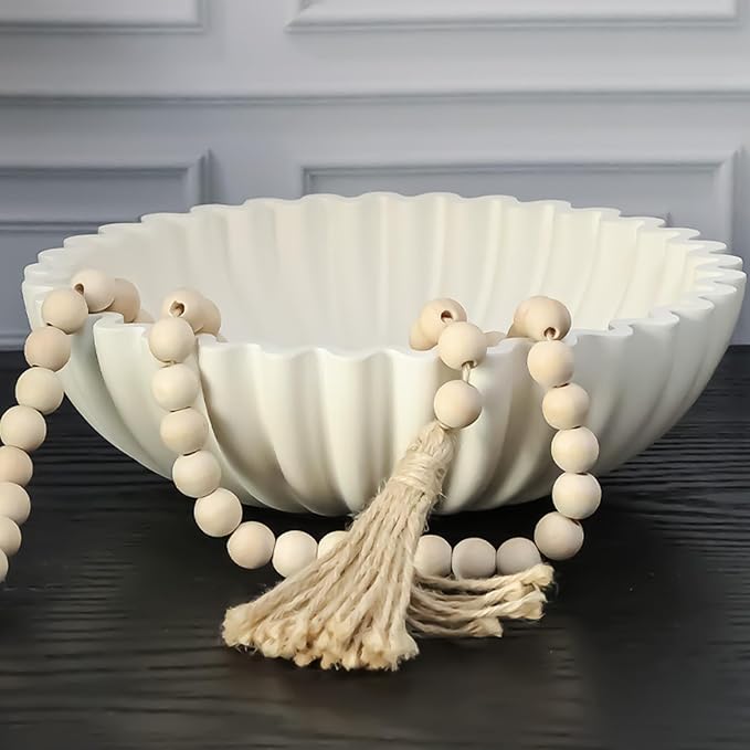 Decorative Bowl With Beads for Home Decor - Large Decorative Fruit Bowls for Candy - Scalloped Ruffle Centerpiece key Bowl - Morden Round 10" Aesthetic Coffee Entry Table Decor (White)