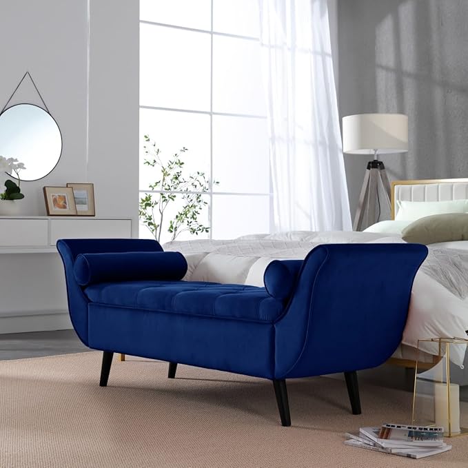 Velvet Storage Bench for Bedroom, Navy, Button Tufted, Solid Wood Legs, Ample Storage Space, Easy Assembly