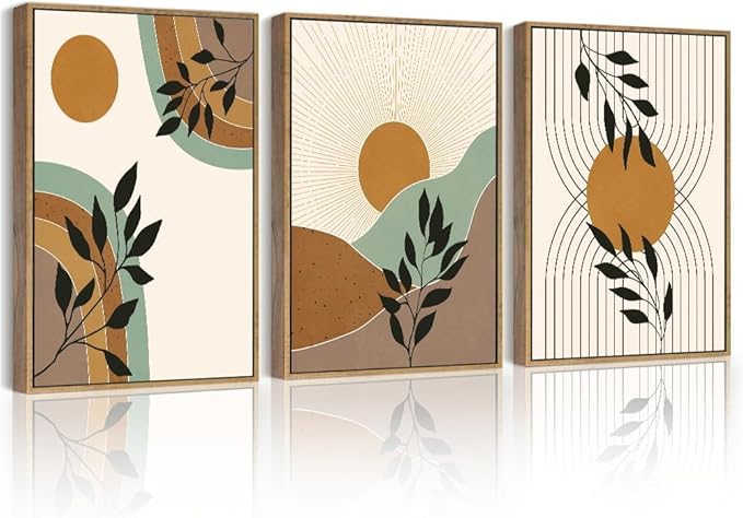 PHOPAGO Boho Abstract Wall Art Botanical Mid Century Modern Framed Wall Printing Neutral Geometric Prints Bohemain Sage Decor for Farmhouse Kitchen - 11x14in Natural Framed