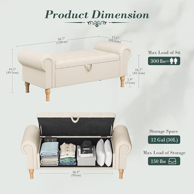 Apicizon 51” Bench with Storage, Faux Leather Ottoman Bench with Rolled Arm & Vintage Rivets, End of Bed Bench for Bedroom, Living Room, Entryway, Beige+Natural Legs