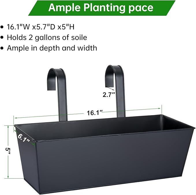 OGIMA 16-Inch Railing Planter Box, 3 Pack Large Hanging Planters for Outdoor Plants with Detachable Wide Hooks for 2.7'' Railings - Balcony Planters Railing Hanging for Deck, Fence & Patio Decor