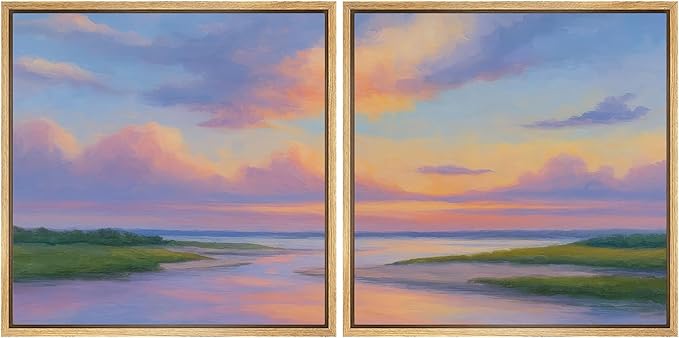 SIGNFORD Framed Canvas Print Wall Art Set Pastel Sunset Coastal Landscape Soft Color Horizon Modern Art Relax/Calm for Living Room, Bedroom, Office - 16"x16"x2 NATURAL
