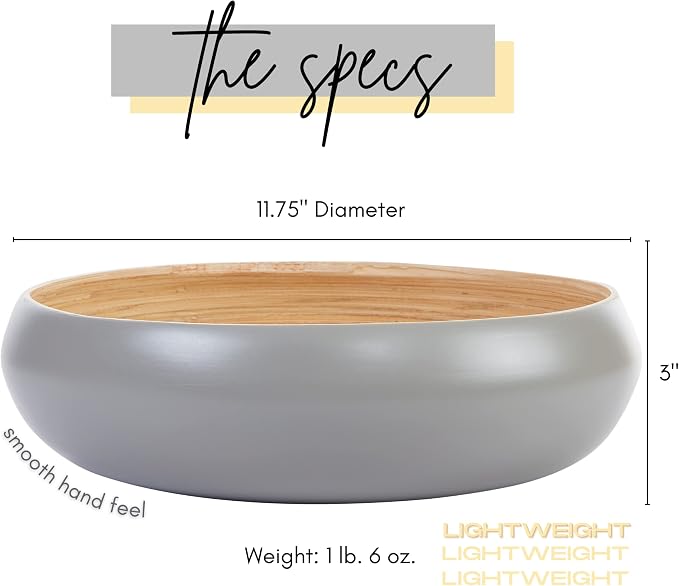 Fruit Bowl for Kitchen Counter – Handmade Spun Bamboo, Large 11.75" Fruit Basket, Eco-Friendly Decorative Serving Bowl for Home Decor, Produce Storage & Centerpiece (Gray)