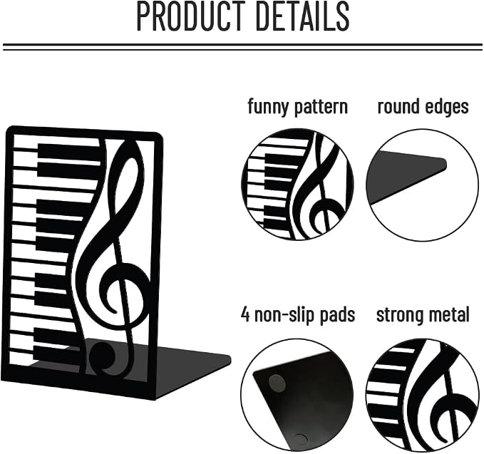 WADORN 1 Pair Piano Musical Notes Metal Decorative Bookend for Shelves, Heavy Duty Book Ends Non-Skid Books Holder Stand Black Book Support Stoppers for Music Books Desk Office Home, 5.3x4.3x7.9 Inch