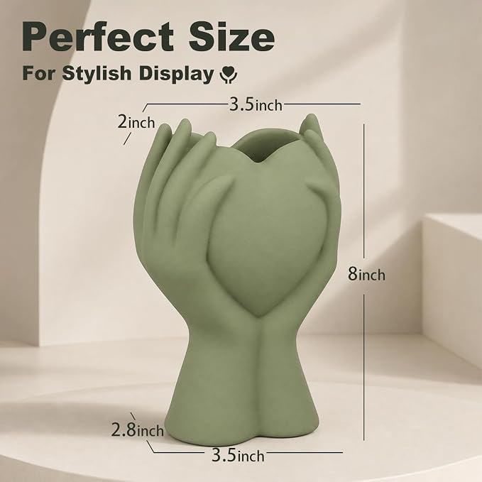 8 Inch Heart Hand Green Ceramic Vase - Unique Modern Aesthetic Flowers Vase for Living Room Bedroom Office Kitchen Table Centerpiece or Shelf Decor - Gifts for Wedding Bridal Shower Women Mom (Green)