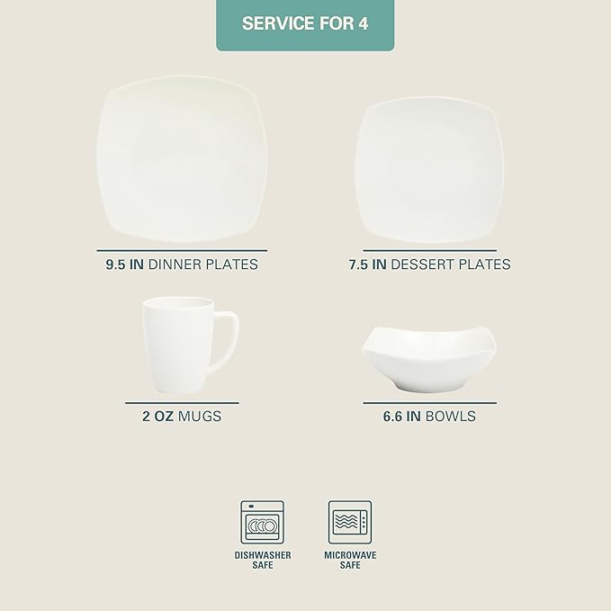 Gibson Home Zen Buffet White Porcelain Dinnerware Set for 4, Square Plates Bowls and Mugs, Chip and Scratch Resistant, Dishwasher and Microwave Safe, 16 Piece
